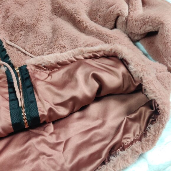 Lucky Brand L Womens Pink Faux Fur Hooded Jacket Rose Gold Zip Plush Cozy Warm - Picture 8 of 11